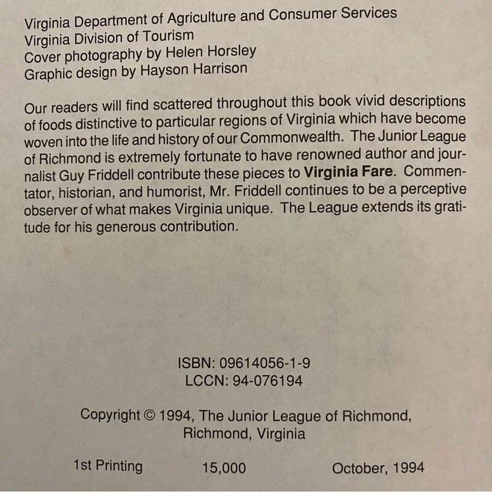 VTG 1997 COOKBOOK Virginia Faire Junior League of Richmond VA